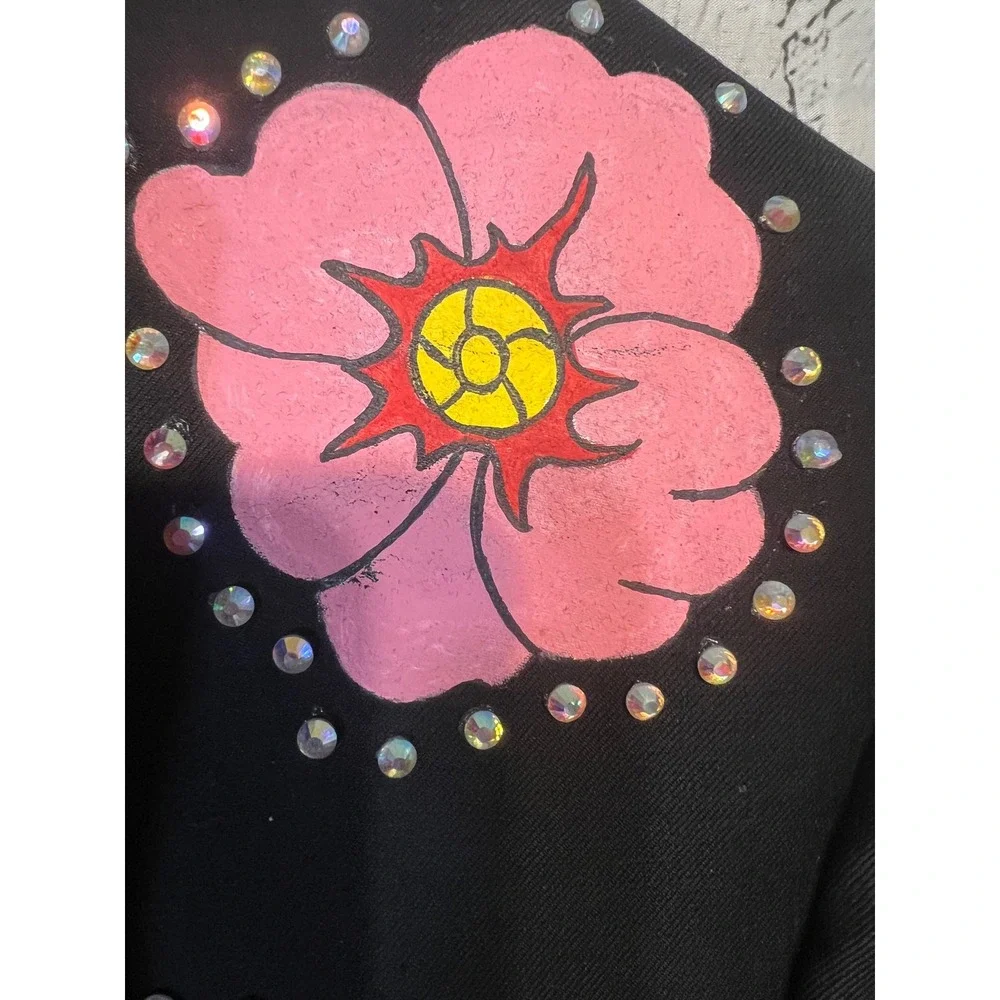 OOAK Hand Painted Wool Blazer 44R Rhinestone Cannabis Cross Wearable Art